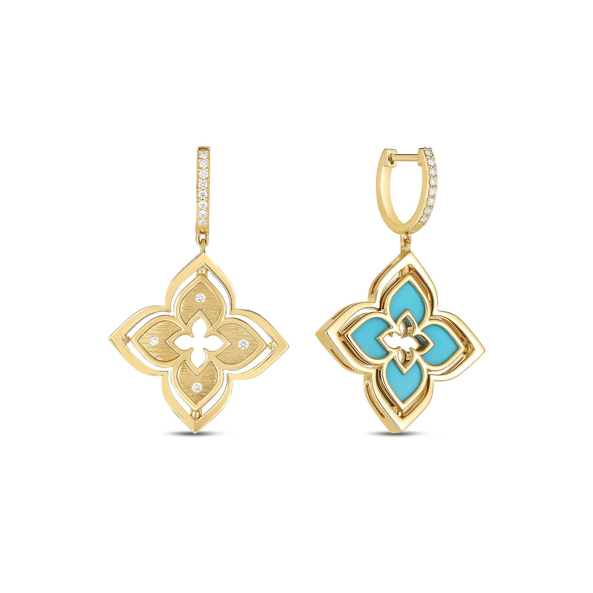 18K Yellow Gold Venetian Princess Pirouette Diamond & Turquoise Flower Earrings