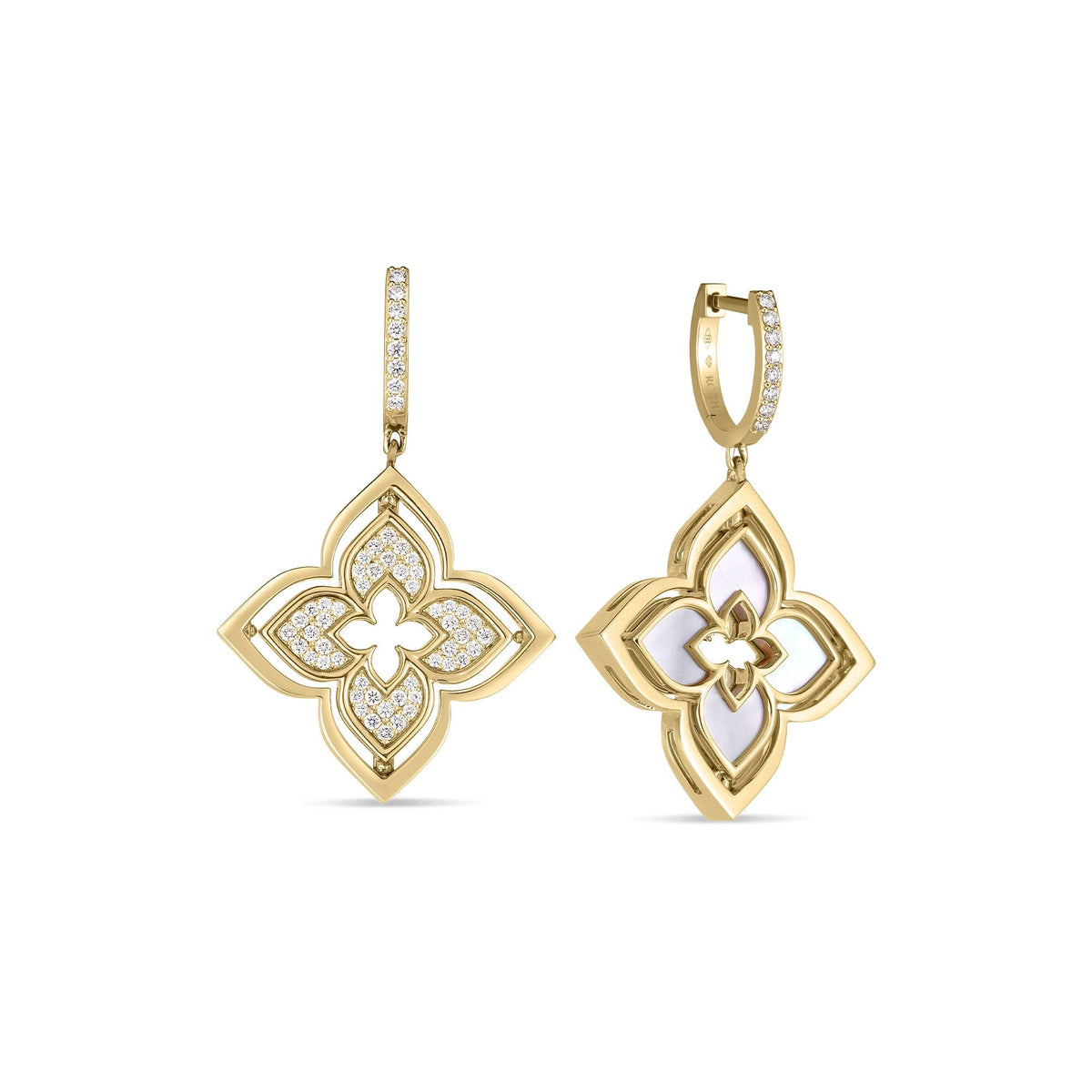 18K Yellow Gold Venetian Princess Pirouette Pave Diamond & Mother Of Pearl Flower Earrings