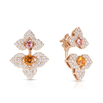 18K Rose Gold Venetian Princess Carnival Pave Diamond & Mixed Stones (Citrine & Rubellite) Cut Flower Drop Earrings