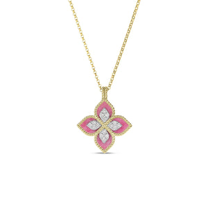 18K Yellow/White Gold Venetian Princess Diamond & Rhodonite Flower Necklace