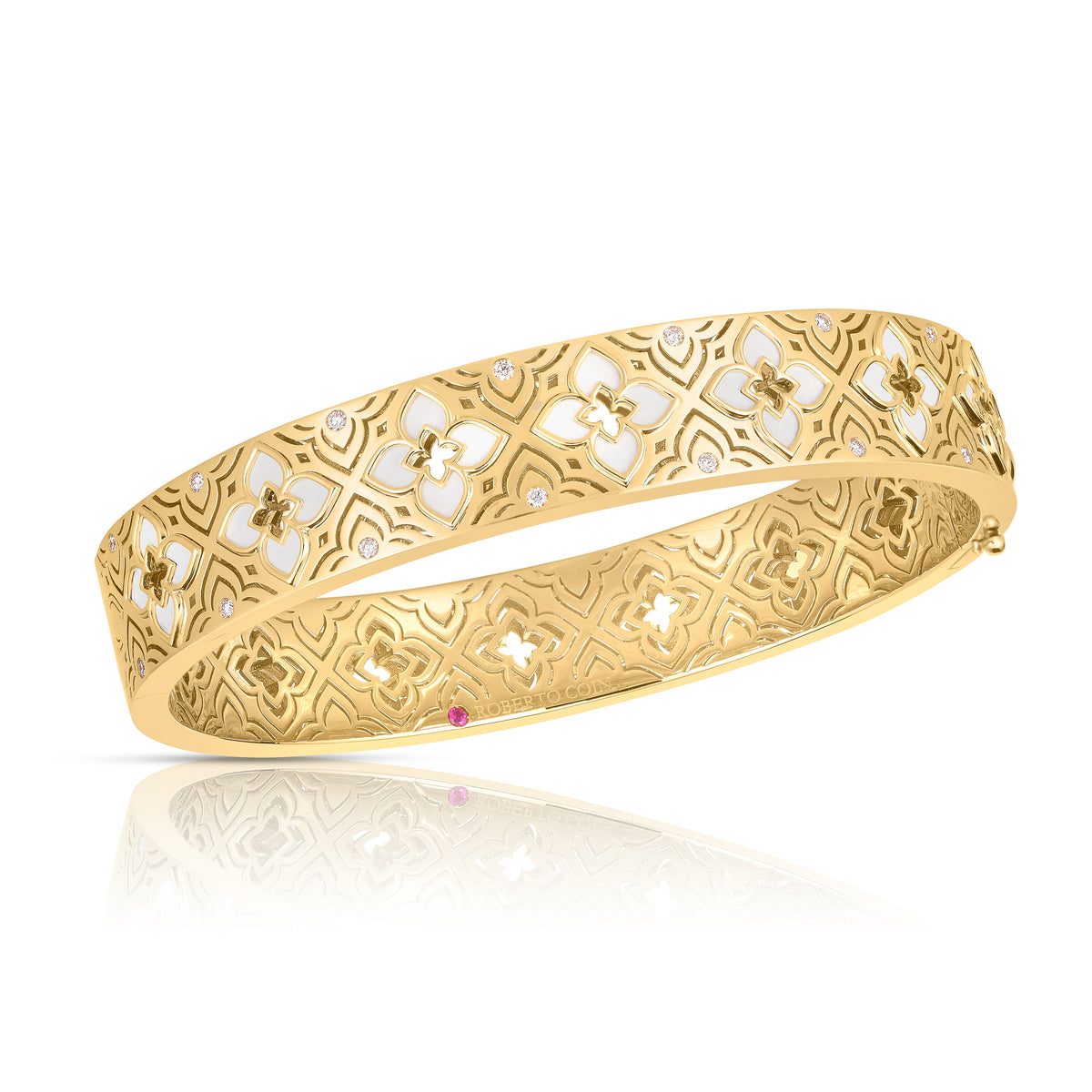 18K Yellow Gold Venetian Princess Etched Frame Diamond & White Ceramic Enamel Flower Bangle