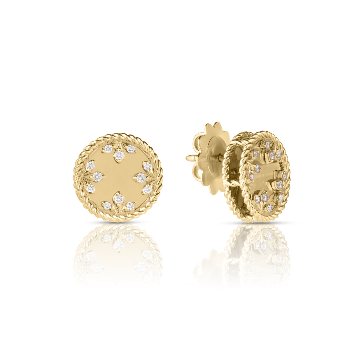 18k Yellow Gold Venetian Medallions Small Diamond Stud Earrings