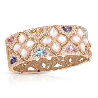 18K Rose Gold Venetian Princess Carnival Diamond, Mother Of Pearl, & Mixed Stones (Blue Topaz, Citrine, Iolite, & Pink Tourmaline) Flower Wide Bangle thumbnail