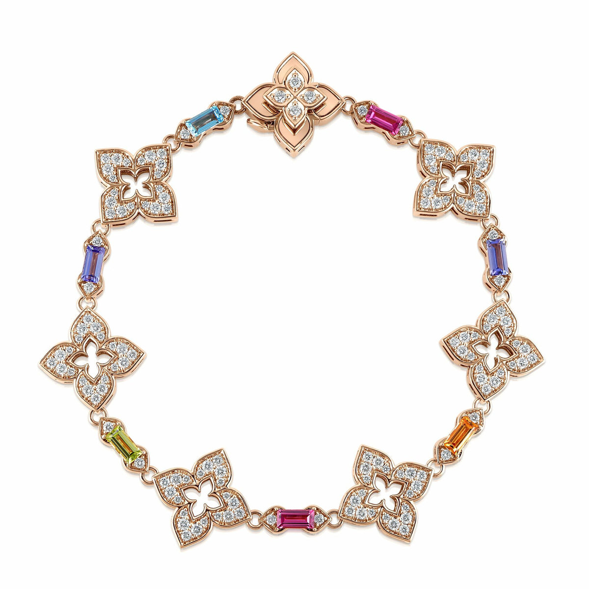 18K Rose Gold Venetian Princess Carnival Pave Diamond & Mixed Baguette (Blue Topaz, Citrine, Peridot, Rubellite, & Tanzanite) Flower Bracelet