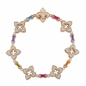18K Rose Gold Venetian Princess Carnival Pave Diamond & Mixed Baguette (Blue Topaz, Citrine, Peridot, Rubellite, & Tanzanite) Flower Bracelet