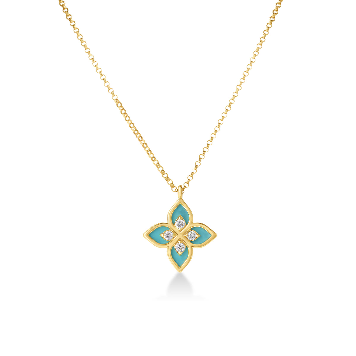 18k Yellow Gold Venetian Princess Diamond & Cyan Enamel Flower Necklace