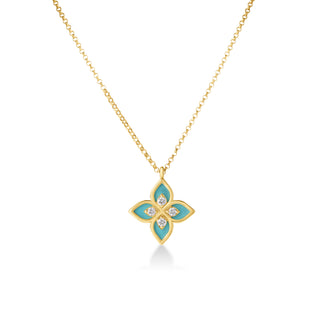 18k Yellow Gold Venetian Princess Diamond & Cyan Enamel Flower Necklace thumbnail