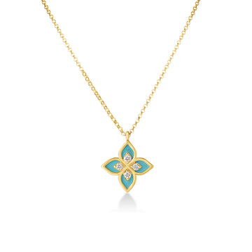 18k Yellow Gold Venetian Princess Diamond & Cyan Enamel Flower Necklace