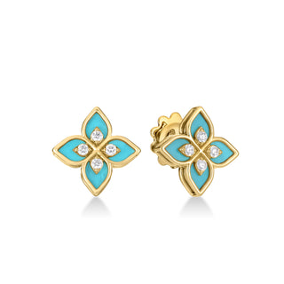 18k Yellow Gold Venetian Princess Diamond & Cyan Enamel Flower Stud Earrings thumbnail