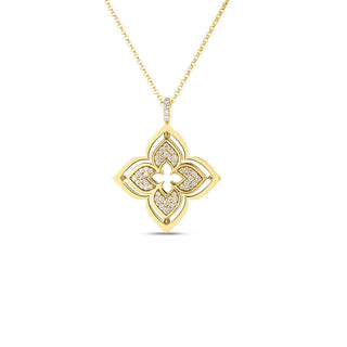 18k Yellow Gold Venetian Princess Pirouette Satin Finish & Pave Diamond Flower Necklace thumbnail