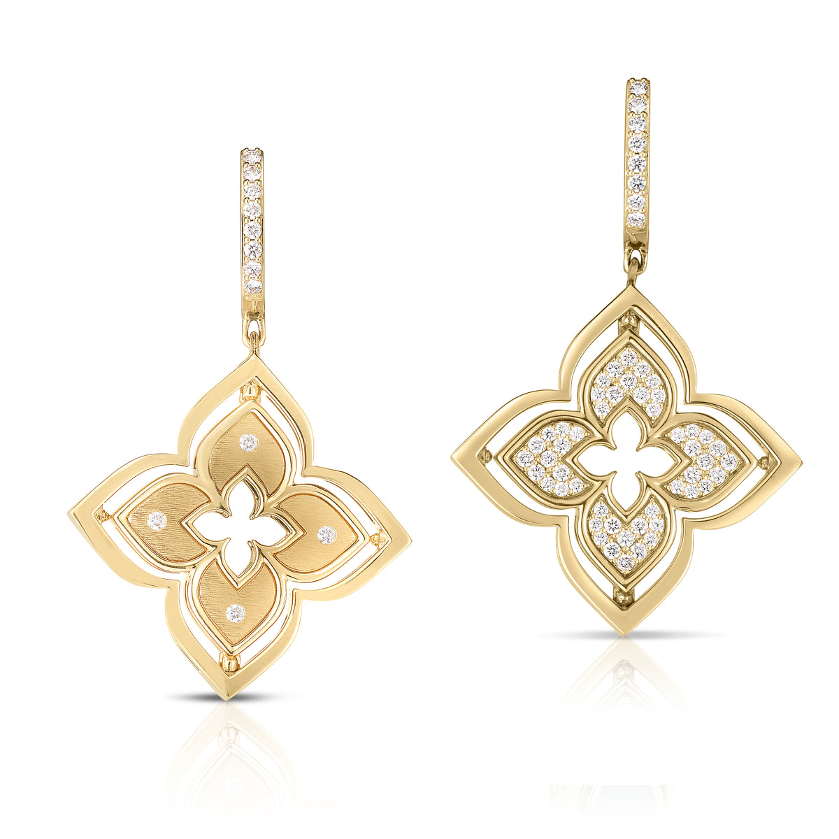 18k Yellow Gold Venetian Princess Pirouette Satin Finish & Pave Diamond Flower Drop Earrings