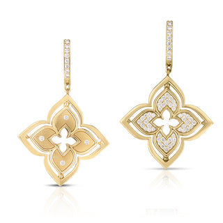 18k Yellow Gold Venetian Princess Pirouette Satin Finish & Pave Diamond Flower Drop Earrings thumbnail
