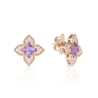 18k Rose Gold Venetian Princess Carnival Pave Diamond & Amethyst Small Flower Stud Earrings thumbnail