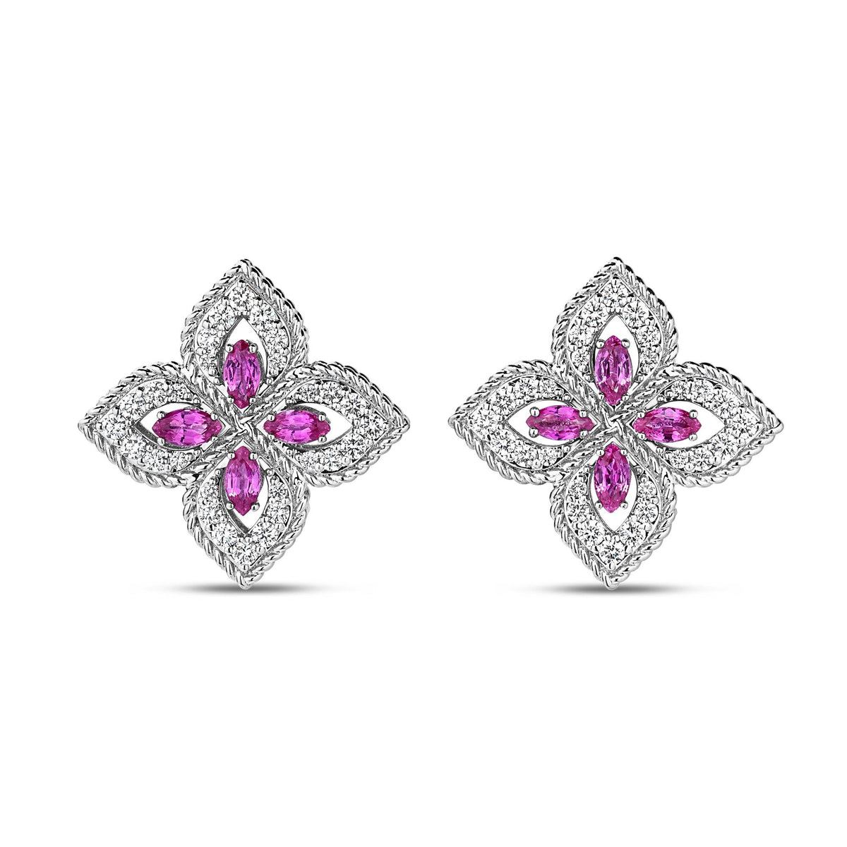 18K White Gold Princess Flower Pave Diamond And Pink Sapphire Stud Earrings
