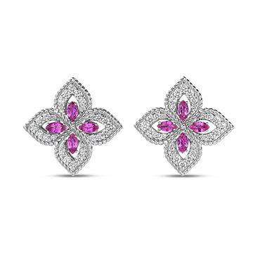 18K White Gold Princess Flower Pave Diamond And Pink Sapphire Stud Earrings