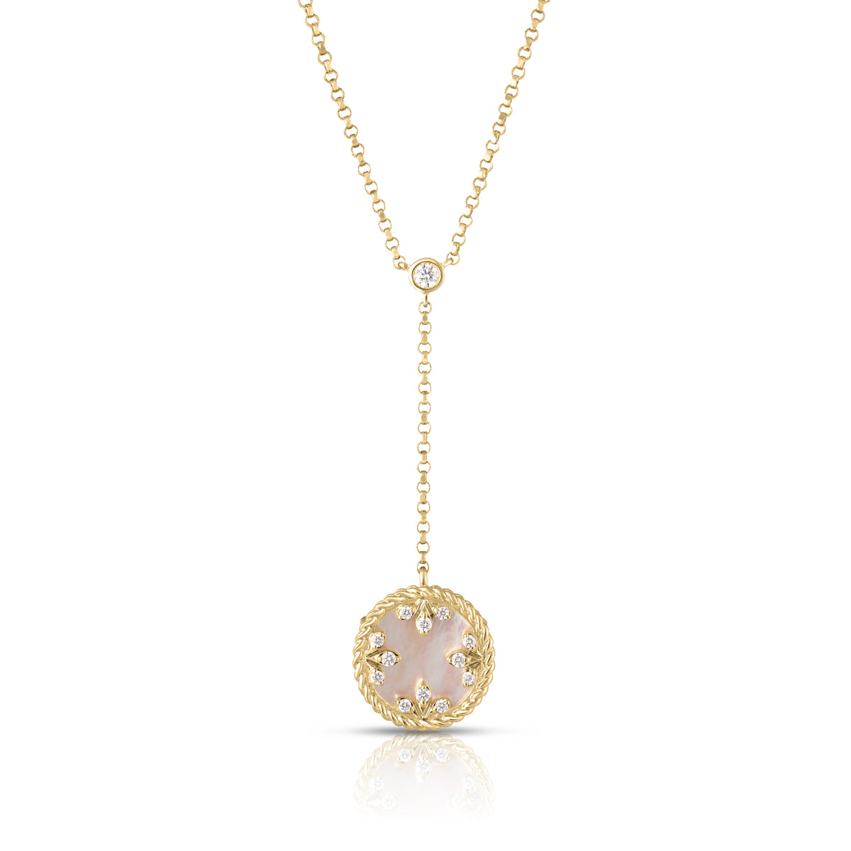 18k Yellow Gold Venetian Medallions Small Diamond And Mother Of Pearl Dangle Necklace