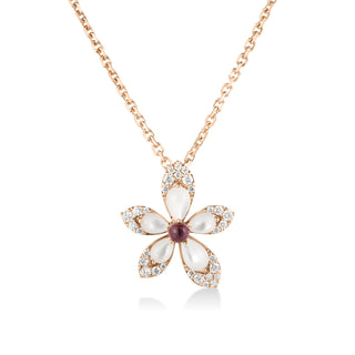 18K Rose Gold Tiare' Diamond, Rubellite, & Mother Of Pearl Flower Necklace thumbnail