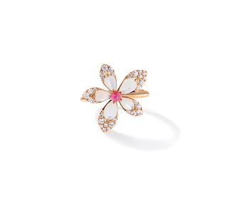 18K Rose Gold Tiare' Diamond, Rubellite, & Mother Of Pearl Flower Ring thumbnail