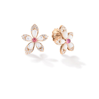 18K Rose Gold Tiare' Diamond, Rubellite, & Mother Of Pearl Flower Stud Earrings thumbnail