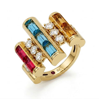 18K Yellow Gold Domino Diamond And Mixed Gemstones (Blue Topaz, Citrine, And Rubellite) Ring thumbnail