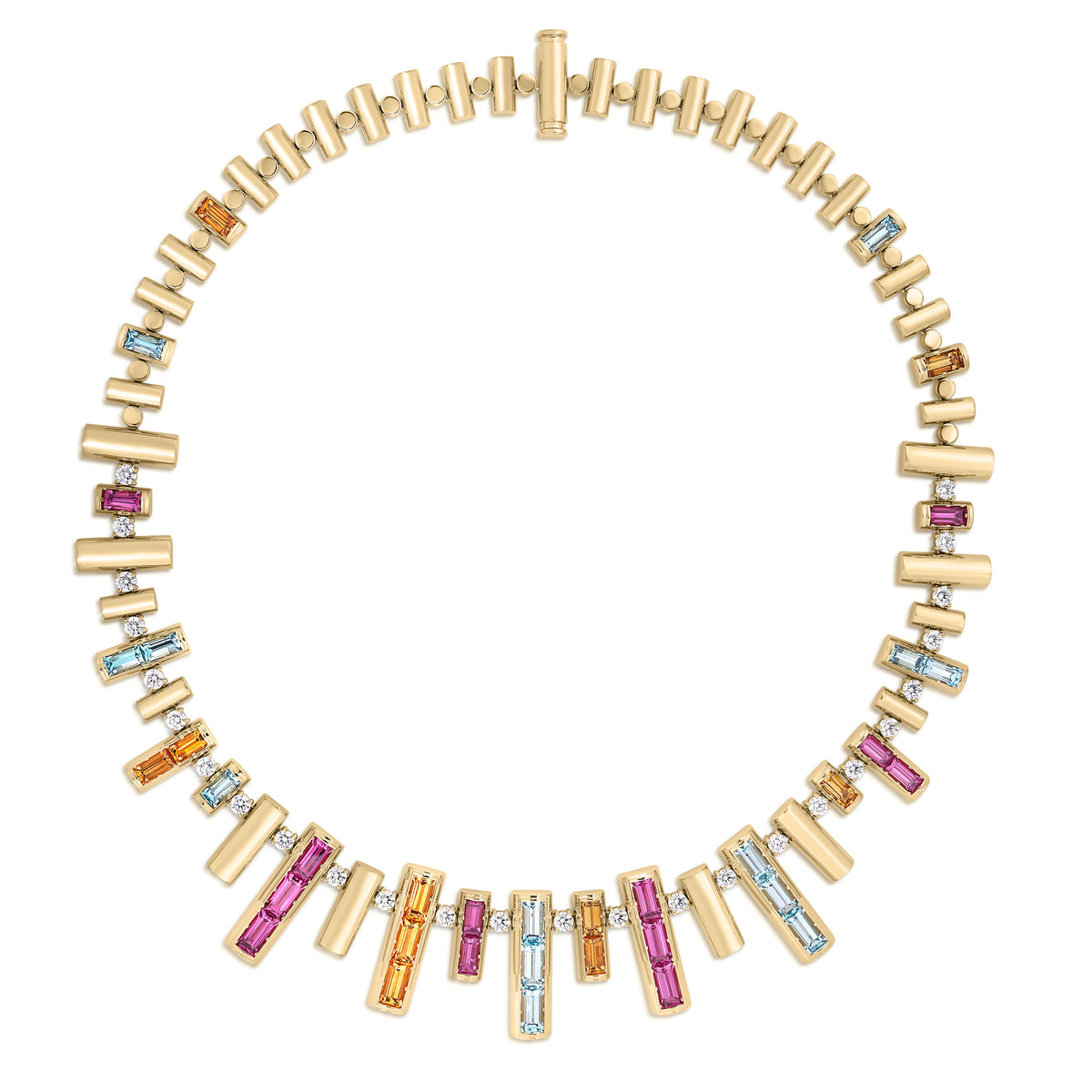 18K Yellow Gold Domino Diamond And Mixed Gemstones (Blue Topaz, Citrine, And Rubellite) Collar Necklace
