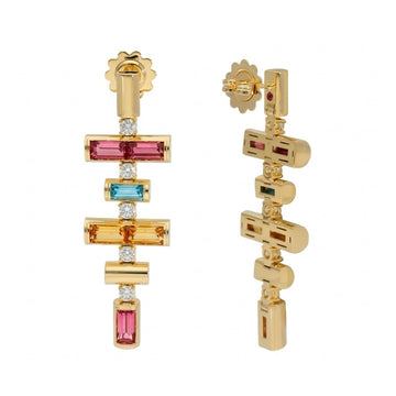 18K Yellow Gold Domino Diamond And Mixed Gemstones (Blue Topaz, Citrine, And Rubellite) Earrings
