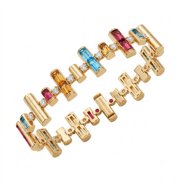 18K Yellow Gold Domino Diamond And Mixed Gemstones (Blue Topaz, Citrine, And Rubellite) Bracelet