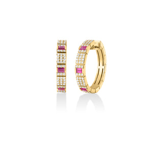 18k Yellow Gold Obelisco Pave Diamond & Ruby Hoop Earrings thumbnail