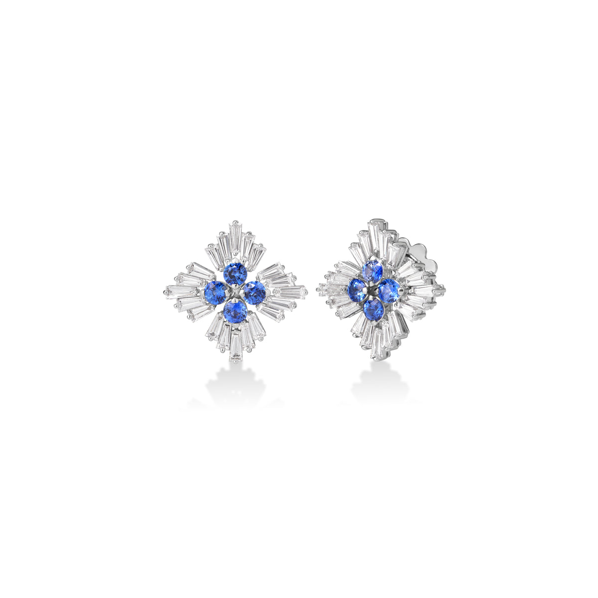 18k White Gold Diamond Princess Luce Diamond & Blue Sapphire Stud Earrings