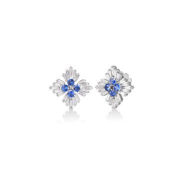 18k White Gold Diamond Princess Luce Diamond & Blue Sapphire Stud Earrings