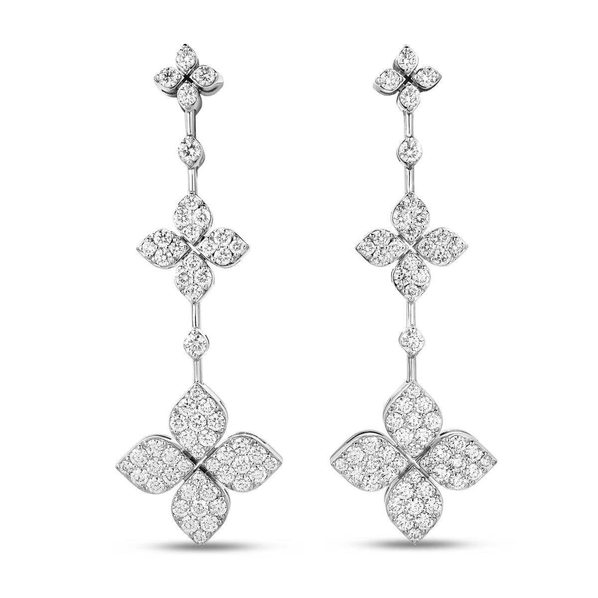 18K White Gold Love In Verona Pave Diamond Triple Flower Dangle Earrings