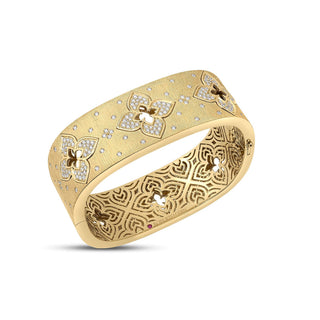 18k Yellow Gold Venetian Princess Pave Diamond Flowers Wide Bangle thumbnail