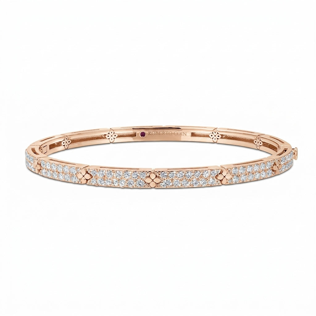 18K Rose Gold Love In Verona Narrow Pave Diamond And Polished Flowers Bangle