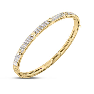18K Yellow Gold Love In Verona Narrow Pave Diamond And Polished Flowers Bangle thumbnail