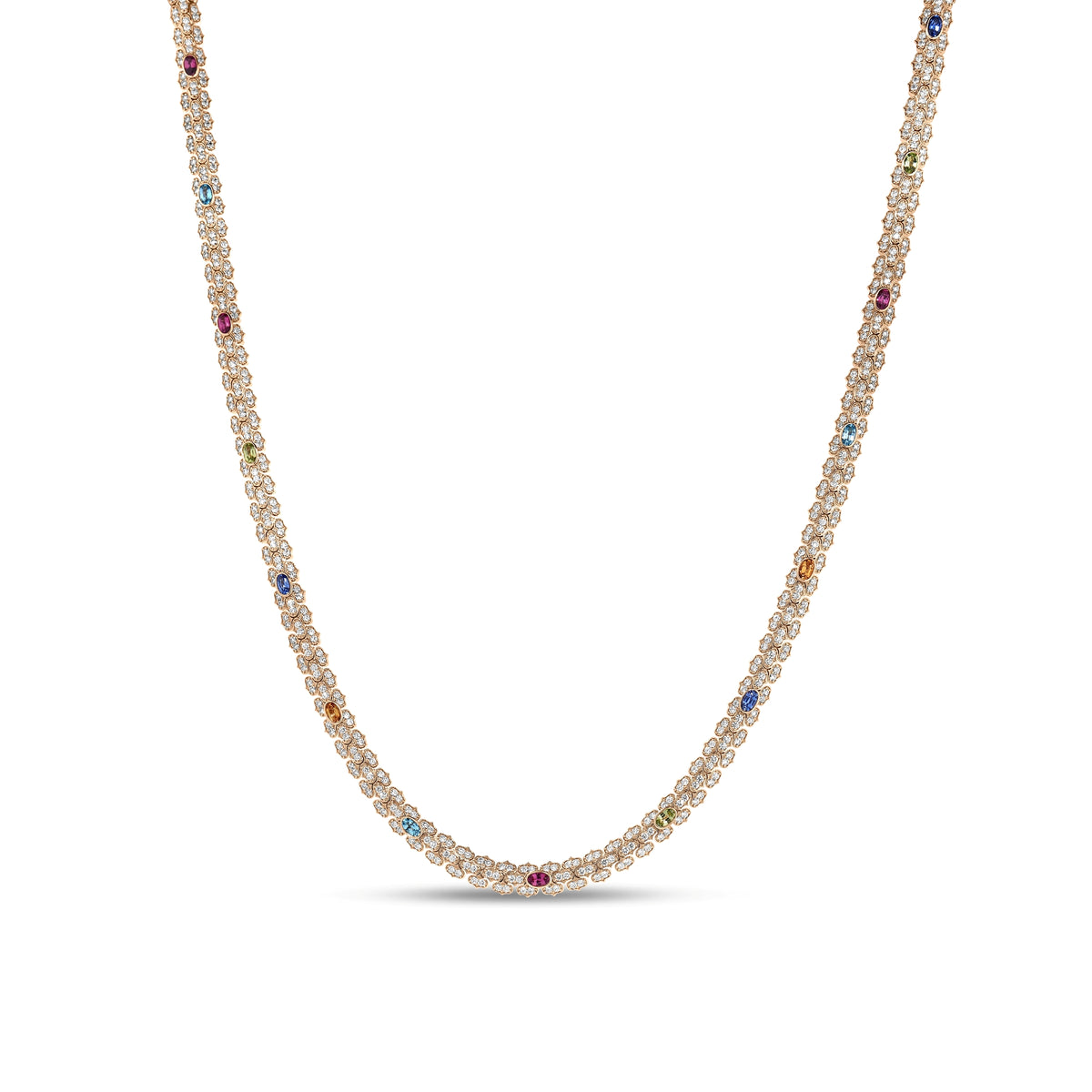 18K Rose Gold Cobra Narrow Pave Diamond And Mixed Stones (Blue Sapphire, Citrine, Peridot, And Ruby) Necklace