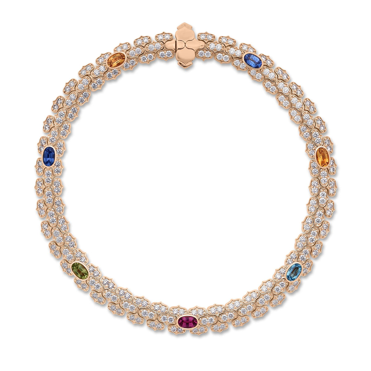18K Rose Gold Cobra Narrow Pave Diamond And Mixed Stones (Blue Sapphire, Citrine, Peridot, Rubellite, And Ruby) Bracelet