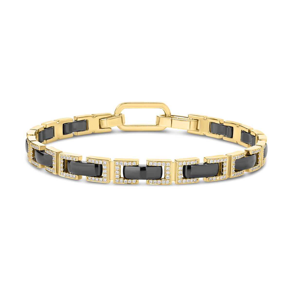18k Yellow Designer Gold Black Ceramic And Diamond Rectangle Link Chain Bracelet