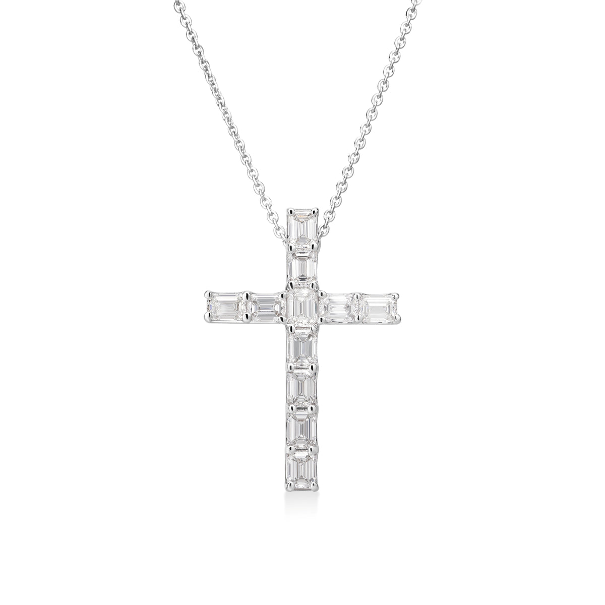 18k White Gold Classic Diamond Emerald Cut Eternity Cross Necklace: Fg Vs-si