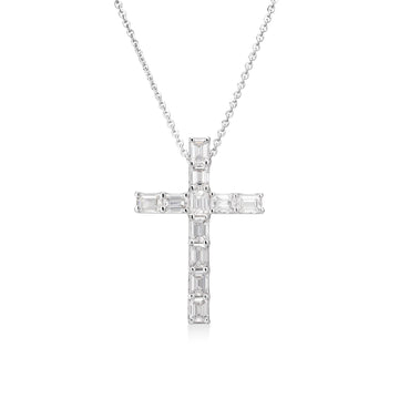 18k White Gold Classic Diamond Emerald Cut Eternity Cross Necklace: Fg Vs-si