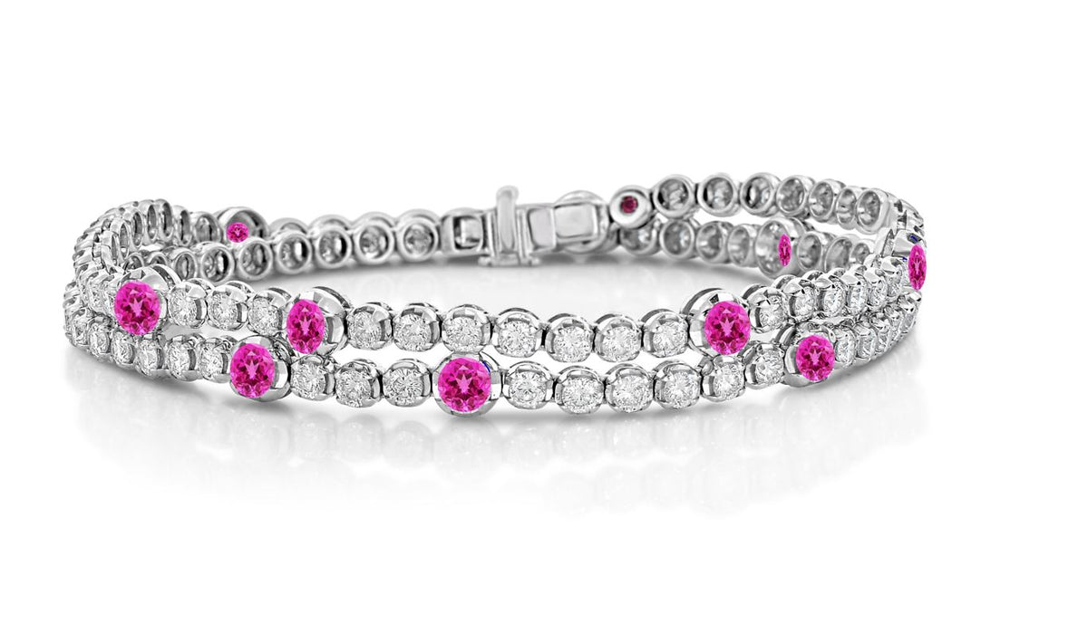 18k White Gold Classic Diamond Double Wrap Pave Diamond & Pink Sapphire Bracelet & Choker