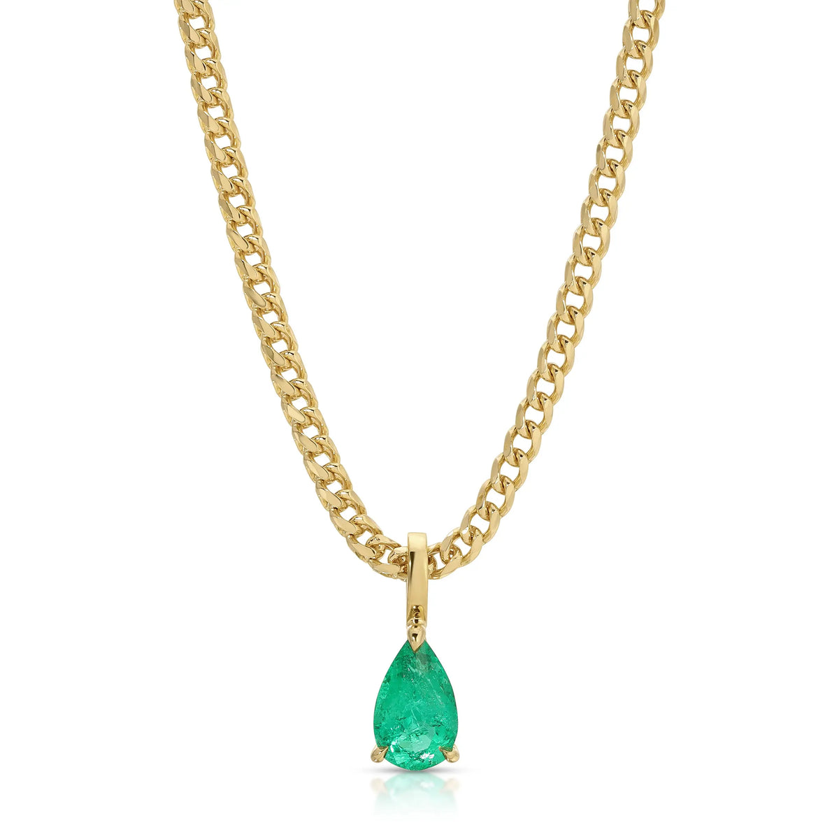 Pear Shaped Emeraldearringald Pendant On Cuban Link Chn 20" Emerald=.41