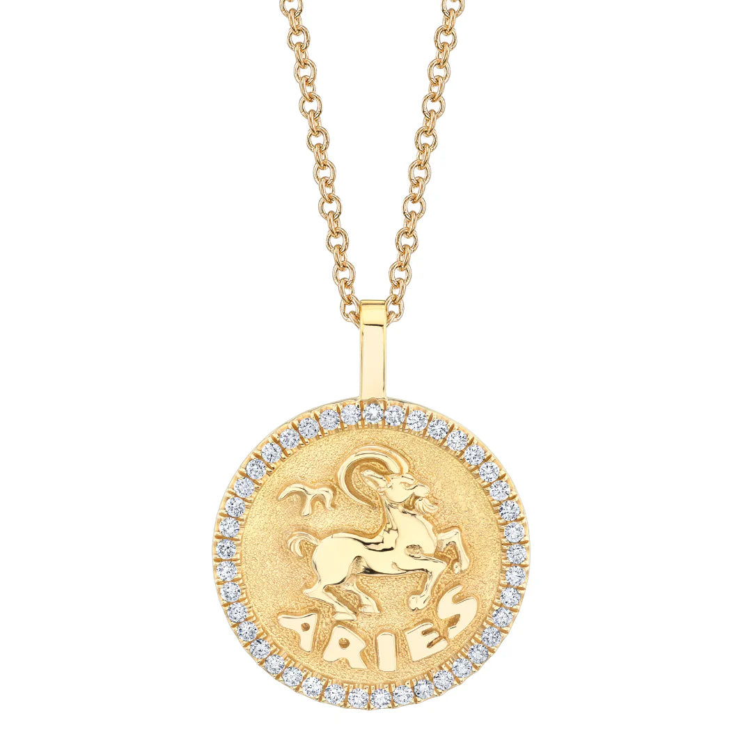 Aries Zodiac Coin Pendant With Diamond Frame