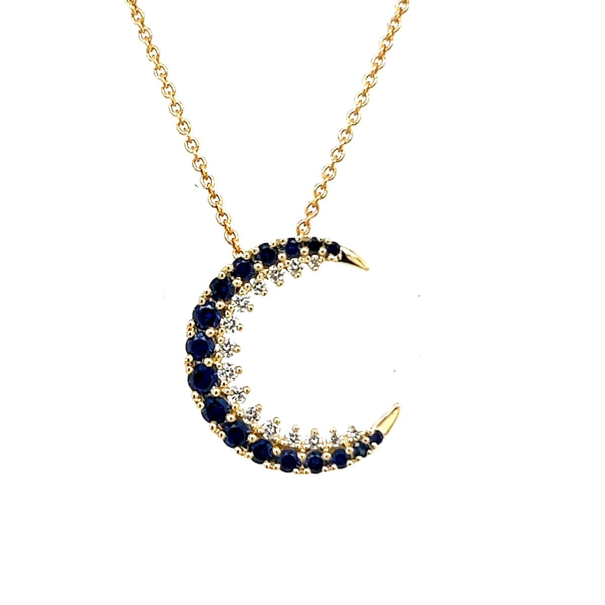 18K Yellow Gold Moon Pendant Necklace with Blue Sapphires and Diamonds