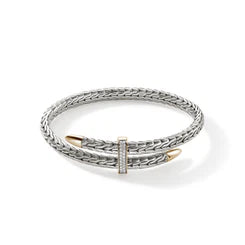 John Hardy Spear Flex Cuff, Sterling Silver, Gold, Diamonds, 5.5MM