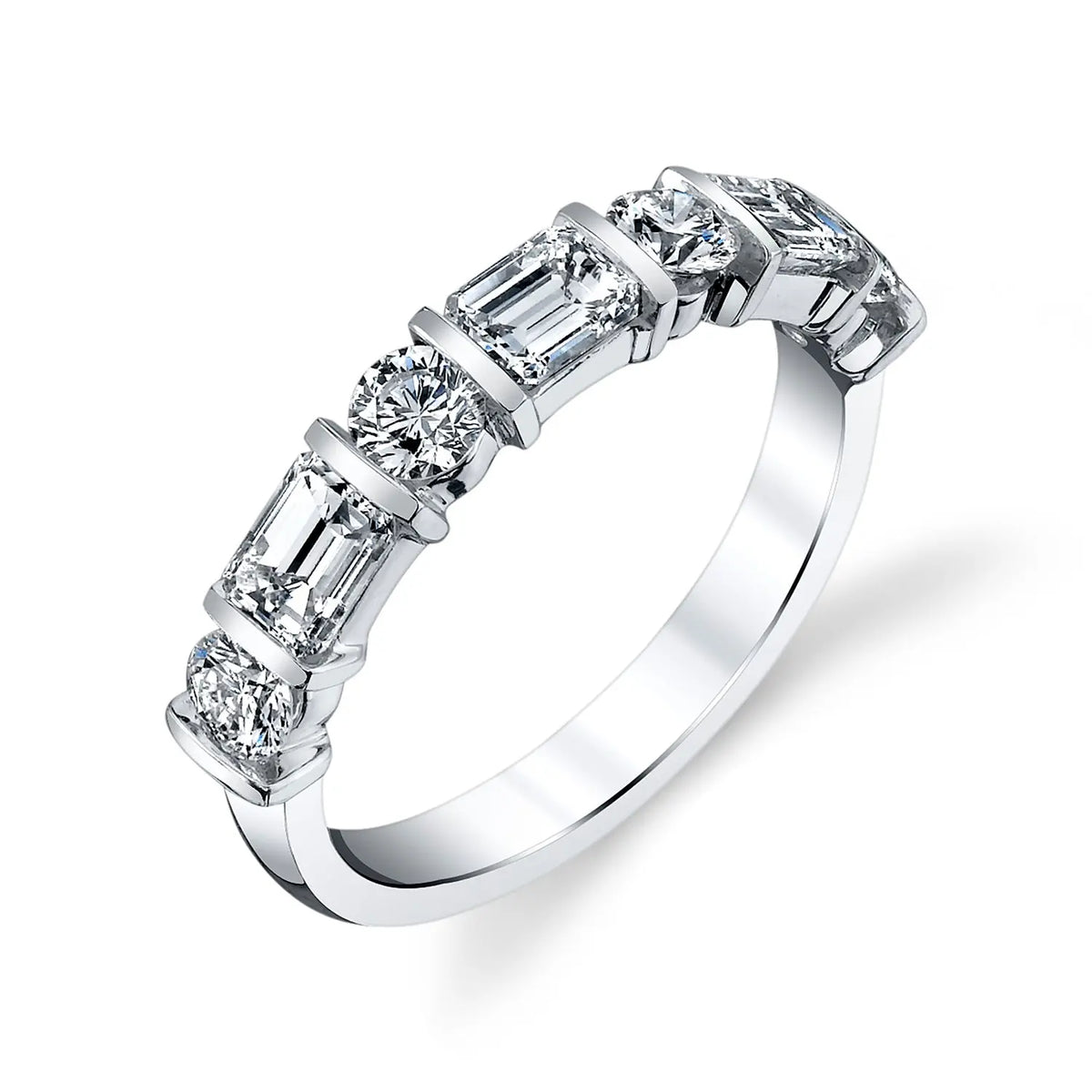 18K White Gold Emerald-Cut and Round Diamond Bar-Set Band, 1.35ct G-H, VS
