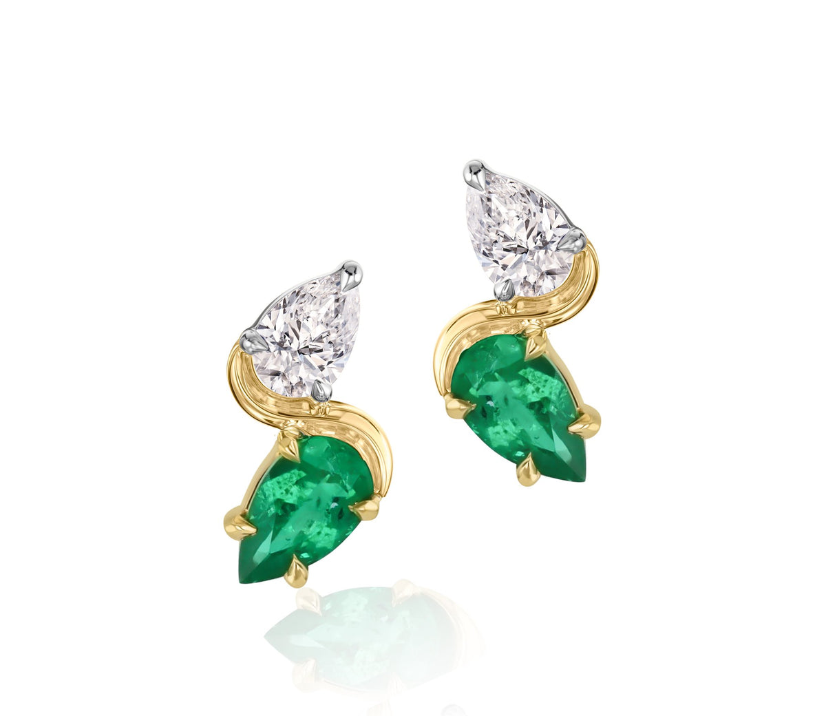 Phillips House One of One Double Pear Diamond & Emerald Stud Earrings