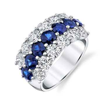 Platinum Three Row Round Sapphire and Diamond Prong-Set Band, 3.65ct G-H, SI1-SI2