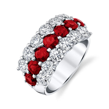 Platinum Three Row Round Ruby and Diamond Prong-Set Band, 3.6ct G-H, SI1-SI2