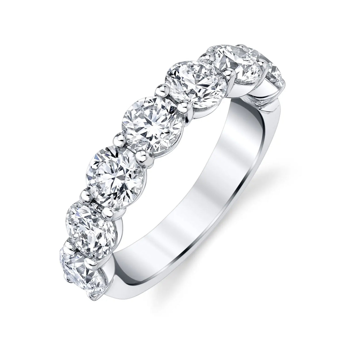 18K White Gold Seven Stone Round Diamond Shared Prong Band, 2.8ct G-H, SI1-SI2