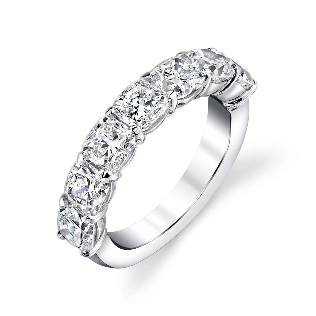 18K White Gold Seven Stone Cushion-Cut Diamond Shared Prong Band, 2.8ct G-H, SI1-SI2